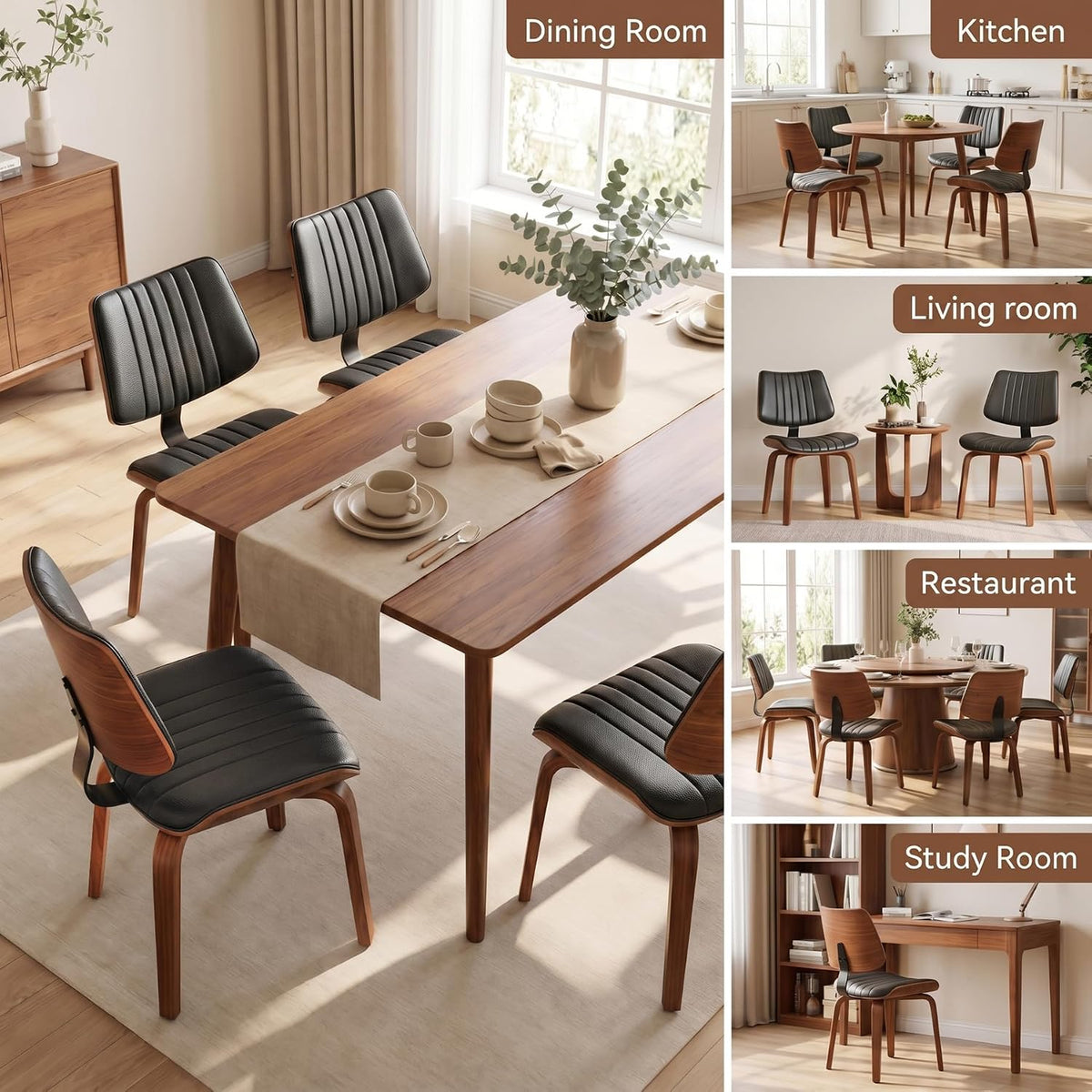 Mid Century Modern Dining Chairs Set of 4, Farmhouse Faux Leather Upholstered Curved Backrest Kitchen Chairs with Walnut Bentwood Frame for Kitchen, Makeup, Desk, Black