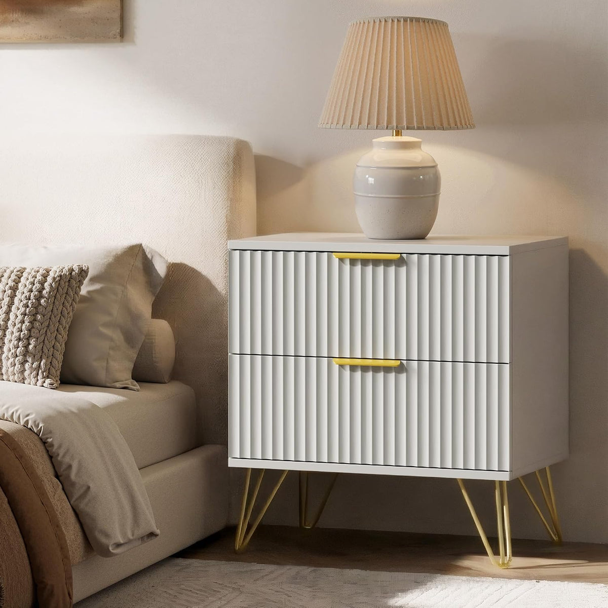 White Fluted Nightstand Set of 2, Modern Bedside Table with 2 Drawers and Gold Legs, 19.7’’ Night Stand Wood End Table for Bedroom
