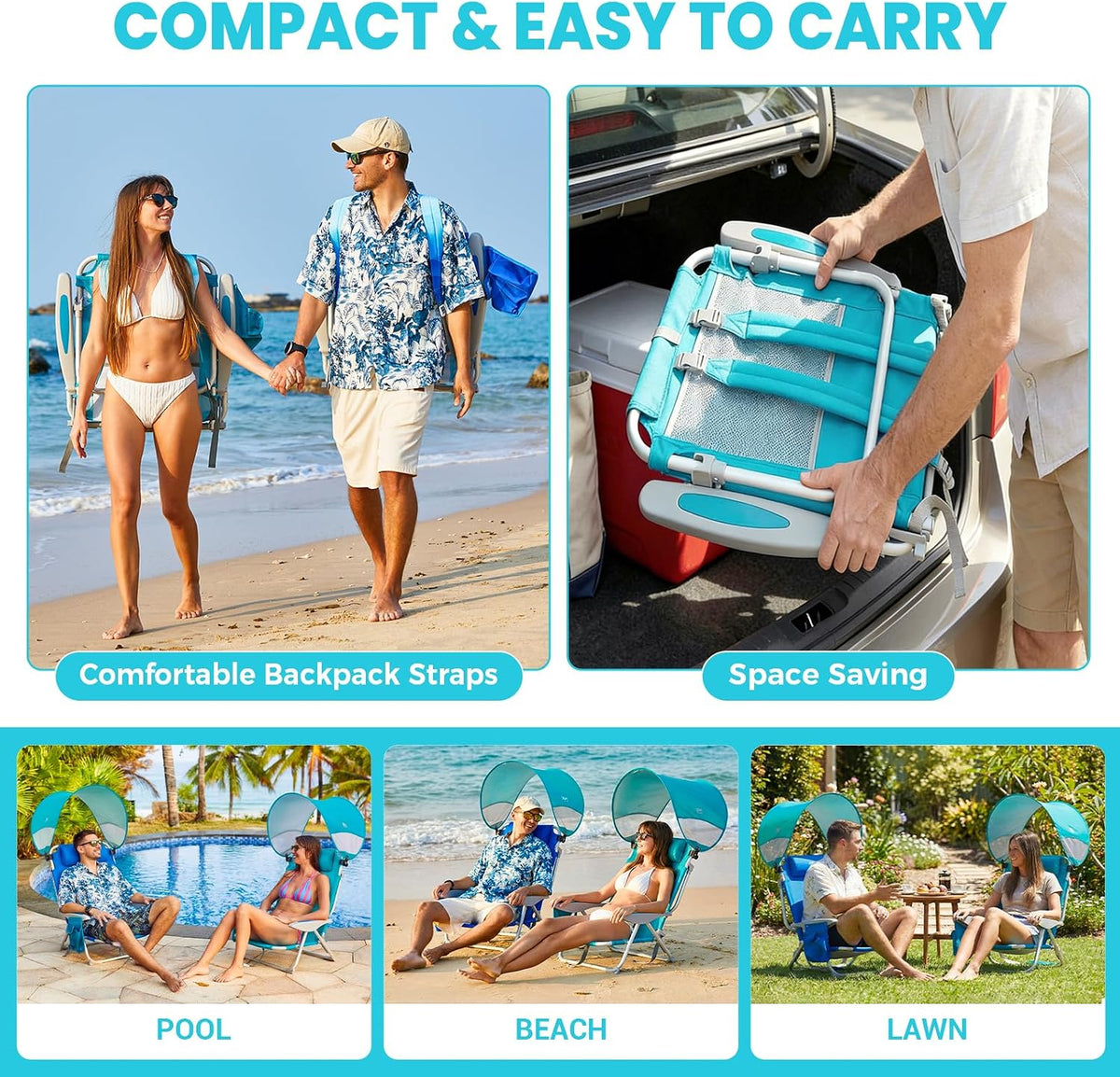 #WEJOY Beach Chair with Canopy Shade, Reclining Adjustable 4 Position, Lay Flat Lightweight Folding Portable Aluminum Chair with Backpack Straps,Padded headrest, Heavy Duty 400lbs Lawn Chair for Beach