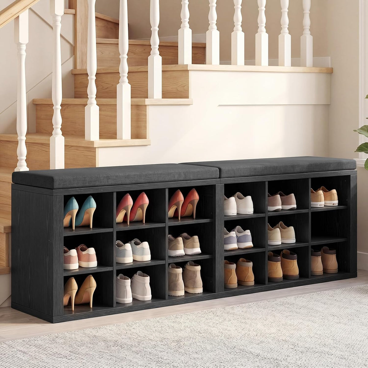 Shoe Rack Bench, Shoe Storage Bench with Cushion, Shoe Organizer 18 Cubbies for Entryway Hallway Bedroom Living Room, Holds Up to 400lbs