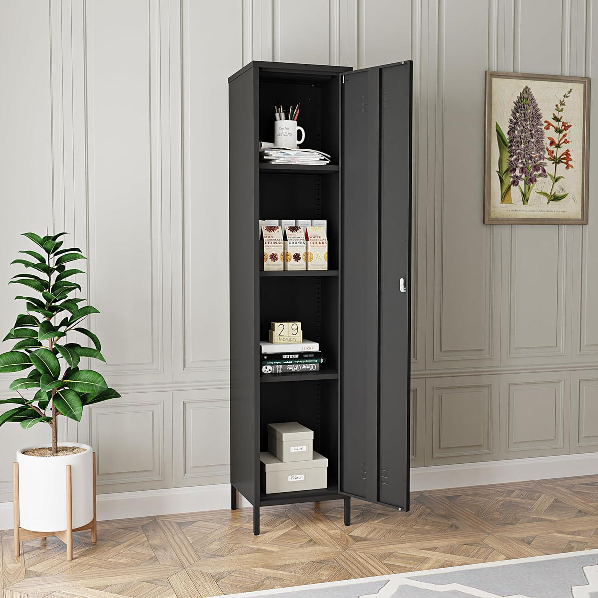 Tall Single Door Metal Locker with Adjustable Shelves, Black Tall Metal Locker Storage Cabinet,Easy Assembly for Living Room (15.8”W x 15”D x 70.9”H )