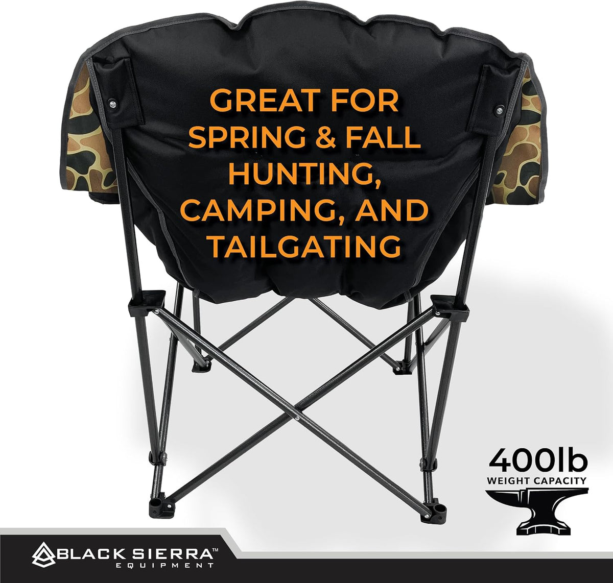 Black Sierra Heated Plush Fleece XL Padded Camping Chair for Adults, Oversized Heavy Duty Folding Seat with 3‑Level Heat & Battery Pack, Supports 400 lbs, Cup Holders & Carry Bag for Camping & RV