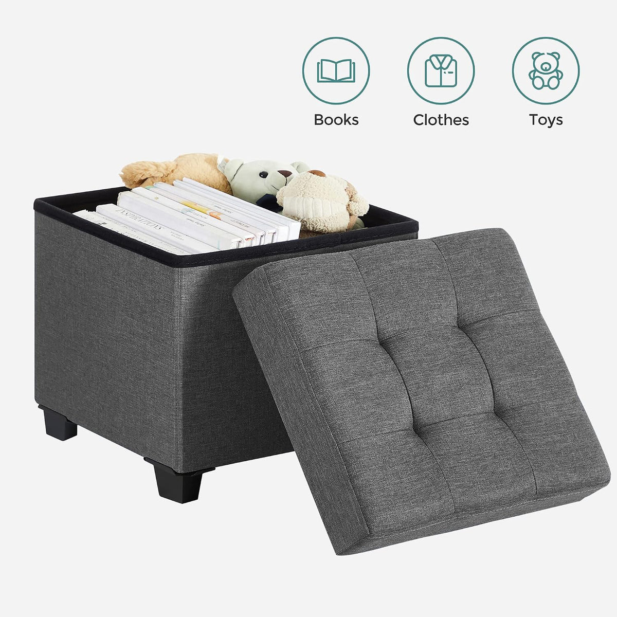 SONGMICS Storage Ottoman, Small Foot Rest, 15 x 15 x 15.7 Inches | Foot Stool with Legs, Load up to 661.4 lb, for Living Room, Bedroom, Dorm, Gray and Black, MELISA Collection ULSF014G01