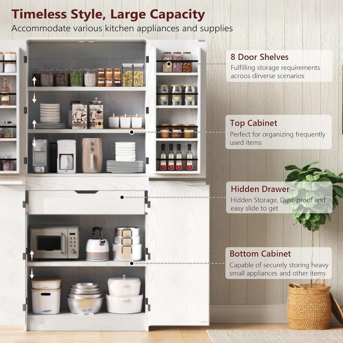 72'' Tall Mid-Century Kitchen Pantry with 3 Adjustable Shelves, Freestanding Storage Cabinet with 8 Door Shelves & 1 Hidden Drawer, Versatile Cupboard for Kitchen, Dining & Living Room,White