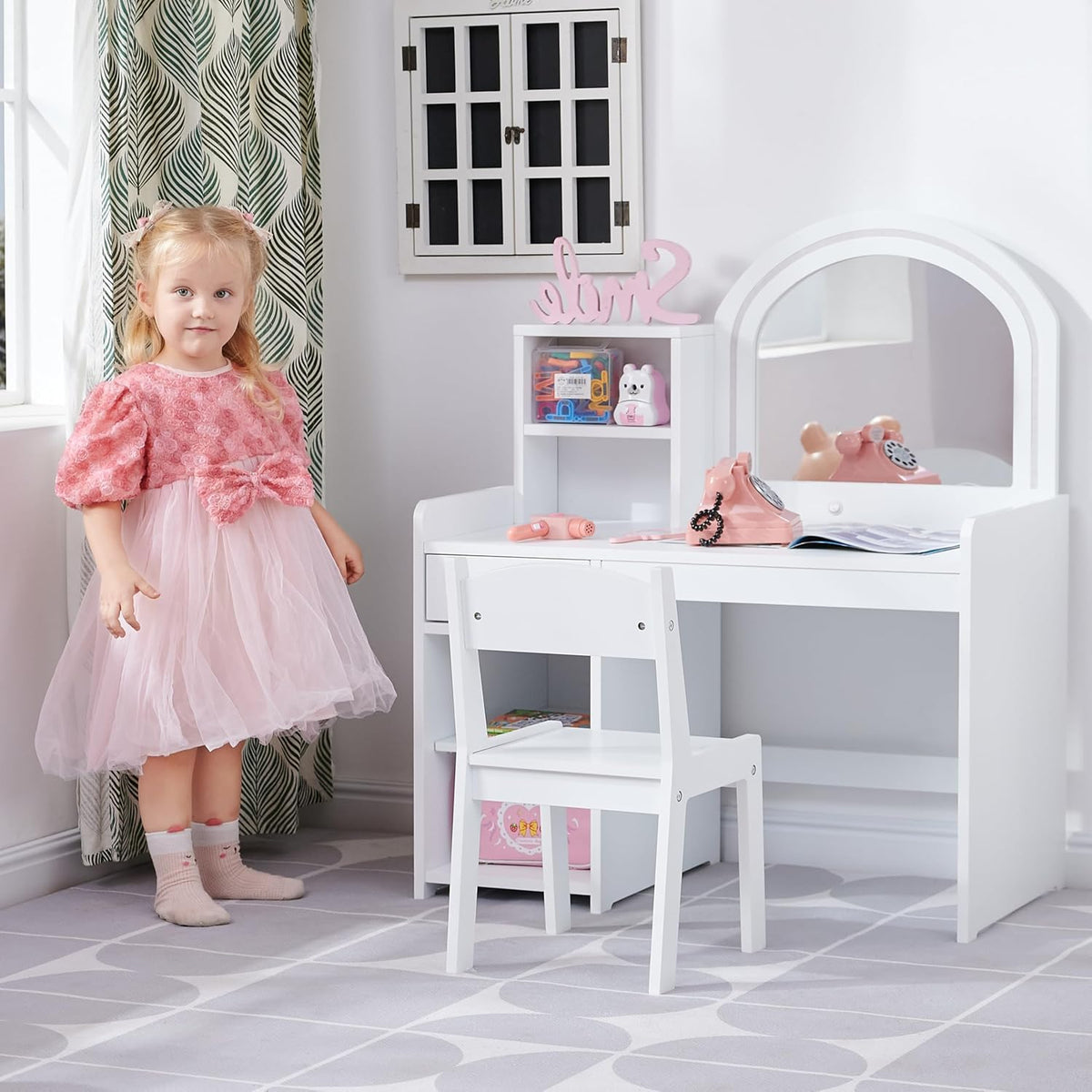 Kids Vanity with Lights, Vanity Set with Drawer and Storage Shelves, 2 in 1 Toddler Vanity with Lighted Mirror, Girls Vanity Set with Stool for Little Girls (White)