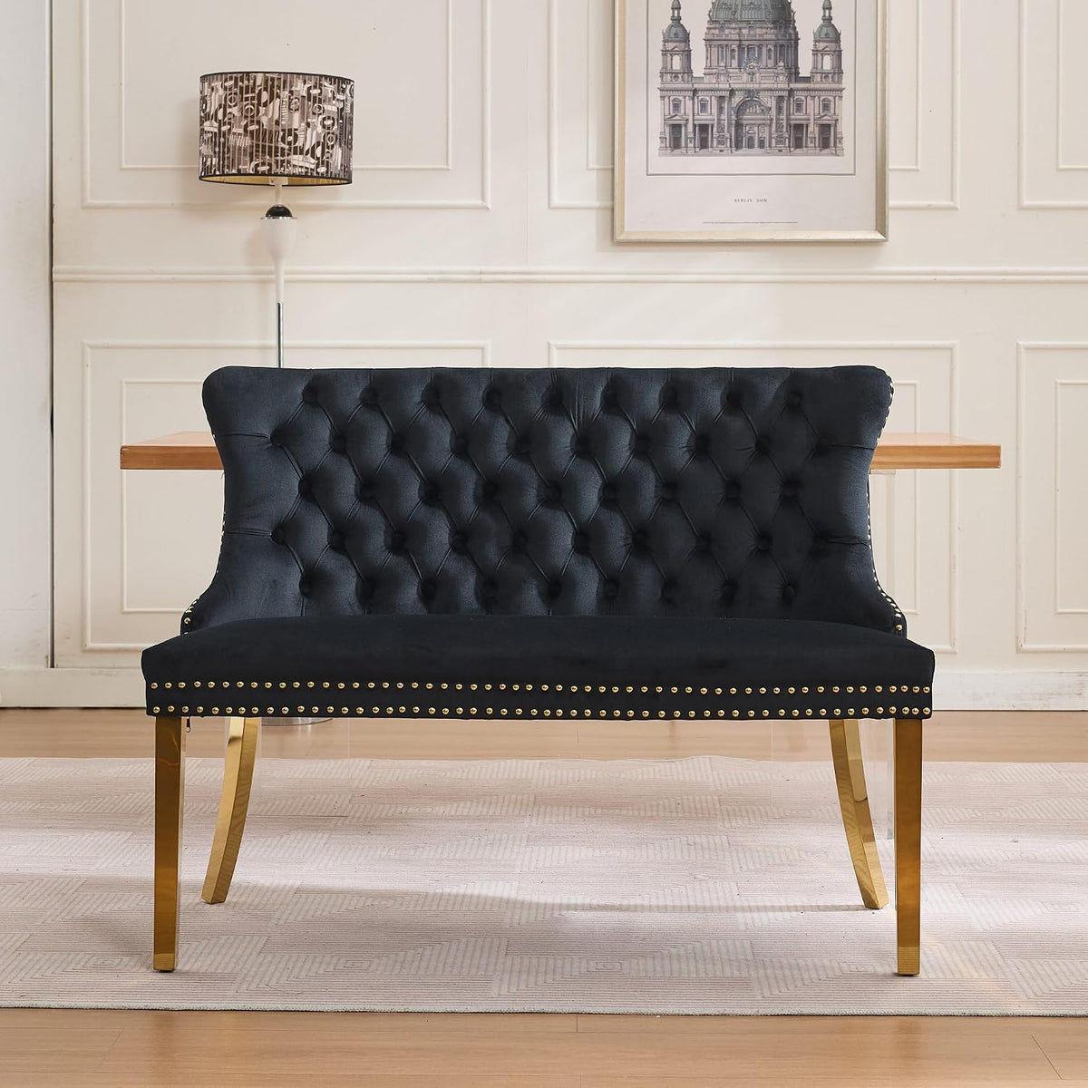Modern Loveseat Settee Bench Sofa Couch, 46" Dining Bench with Wing Back,Nailhead Trim,Gold Stainless Steel Legs, Upholstered Banquette Entryway Bench for Dining Living Room Hallway Entryway,Black