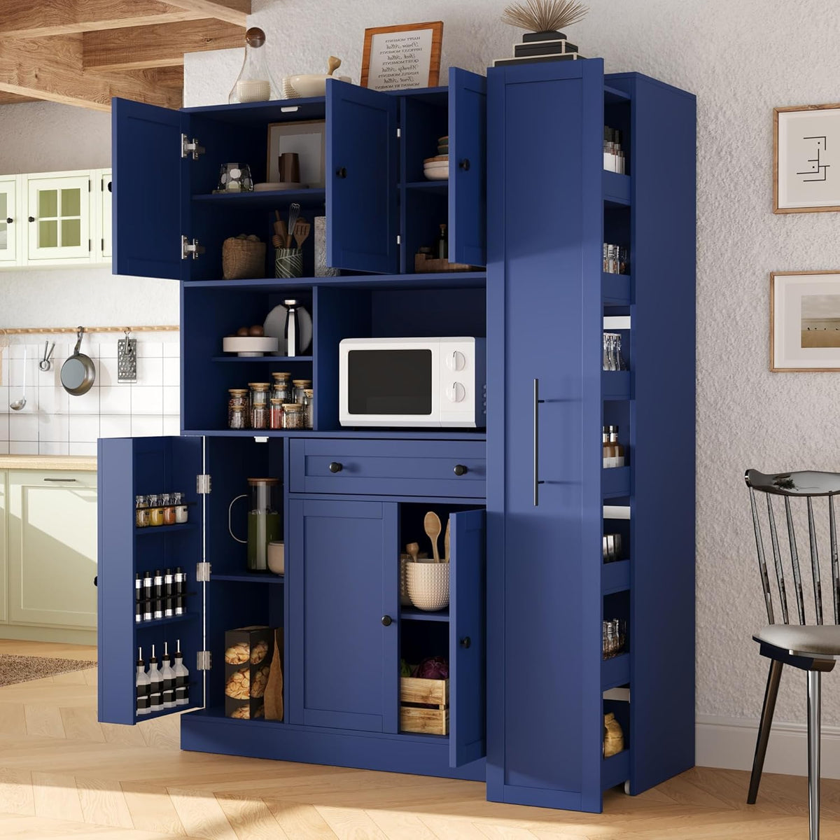 LUMISOL 70" Farmhouse Kitchen Pantry Storage Cabinet with Pull-Out Shelf, Wood Hutch Cabinet with Door Shelves and Drawer, Freestanding Food Hutch with Microwave Stand, Blue