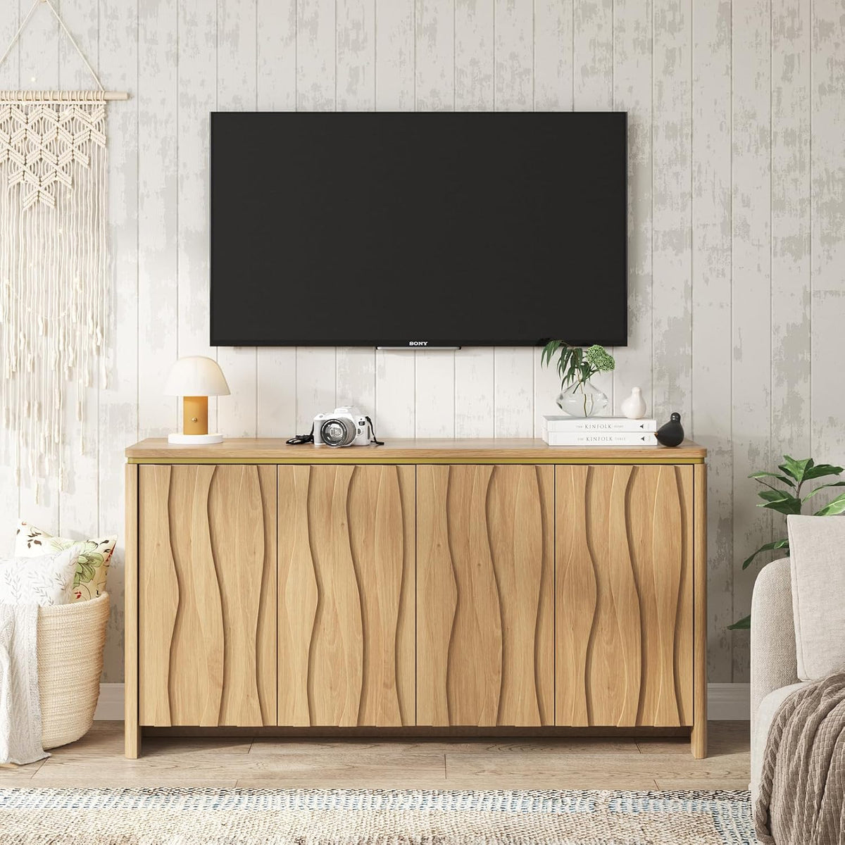 Vabches Fluted Buffet Cabinet with Storage, 3D Ripple Pattern Doors and Curved Edges, Modern Sideboard for Kitchen, Entryway, 4 Doors & Adjustable Shelf, Natural, 57.9" W