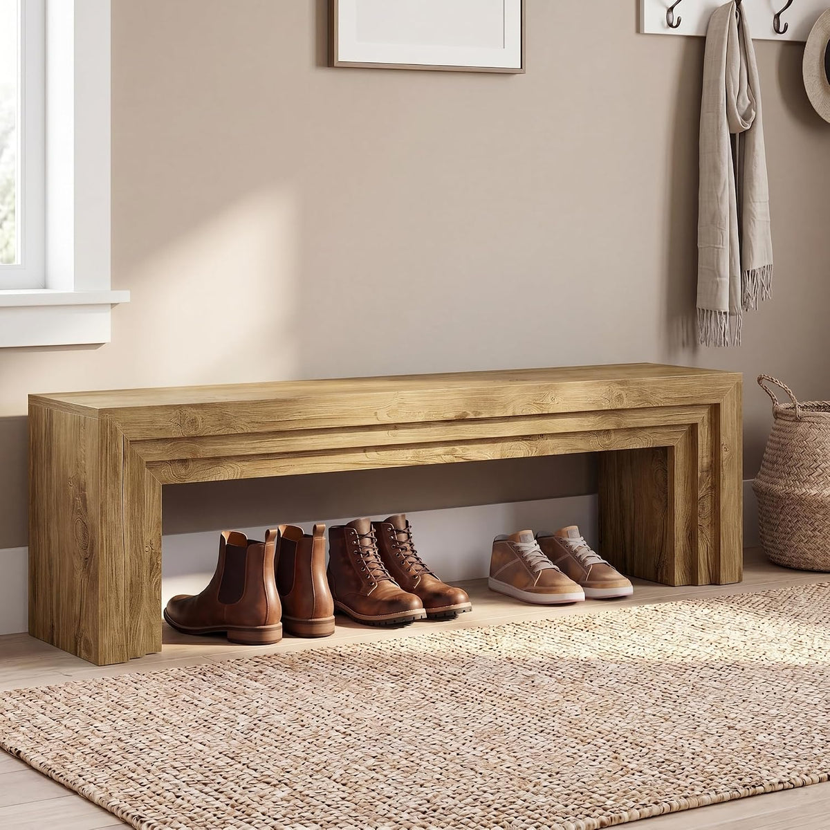 Tribesigns 71'' Extra Long Shoe Storage Bench,Mid-Century Modern Entryway Bench,Indoor Wooden End of Bed Bench for Hallway,Bedroom,Living Room (Light Brown)