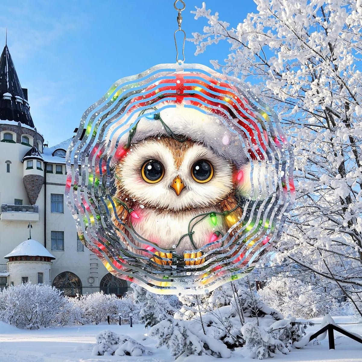 Christmas Owl Wind Spinner,3D Owl Spinner for Yard and Garden 3D Steel Wind Spinner Outdoor Hanging Wind Spinner 10 inch 3D Xmas Cute Owl Swirl