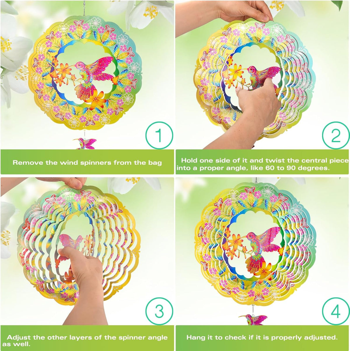 Wind Spinners - 12 Inches Hummingbird Wind Spinner, 3D Reflective Metal Wind Sculptures, Decor for Home, Outside, Garden, Yard Art, Hummingbird Gifts for Daughter, Mom, Grandma's Birthday, Yellow Cyan