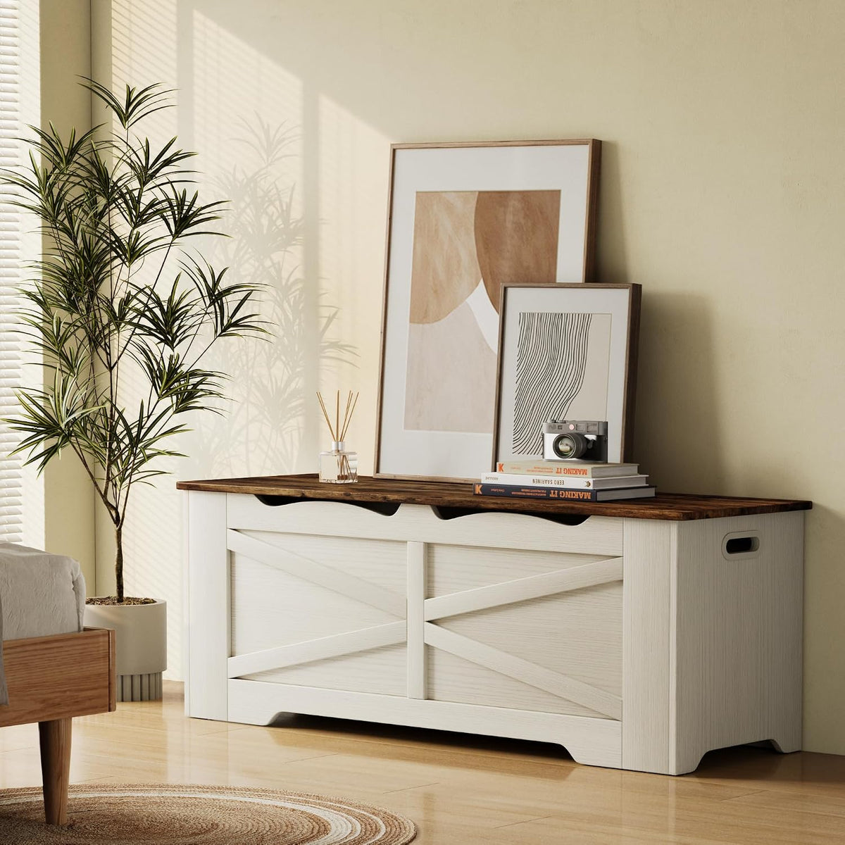 47.2" Wooden Storage Bench with 2 Safety Hinges, Flip Top Storage Trunk, 300lbs Load Capacity, Blanket Organizer Bench for Entryway Hallway Bedroom Living Room, White Walnut