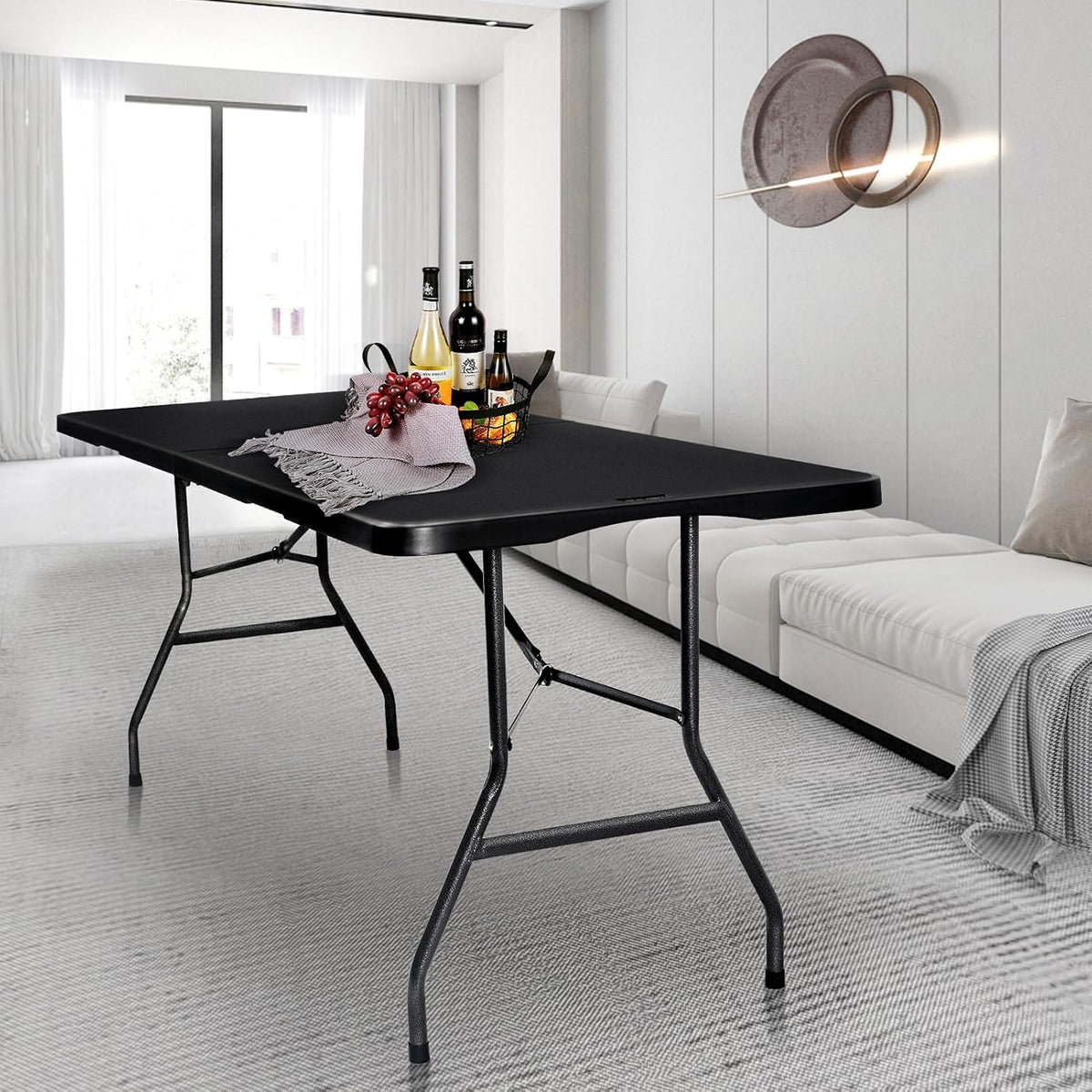 Folding Table 6ft, Heavy Duty Plastic Fold-in-Half Utility Table, Black | Portable Utility Table,HDPE Top,Carry Handle,Sturdy Steel Legs,Indoor Outdoor for Parties,Camping, Dining,Supports 330 lbs