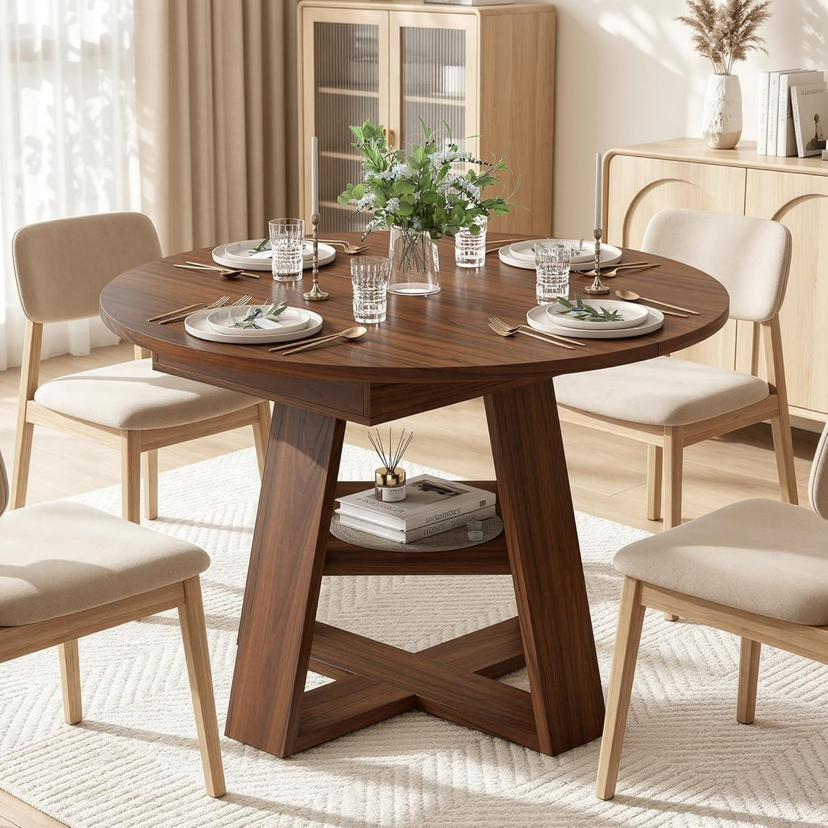 Miereirl 43.3‑59 in Round Extendable Dining Table for 4-6, Modern Oval Dining Table with Removable Leaf and Pedestal Base, Expandable Kitchen Table for Dining Room, Apartment