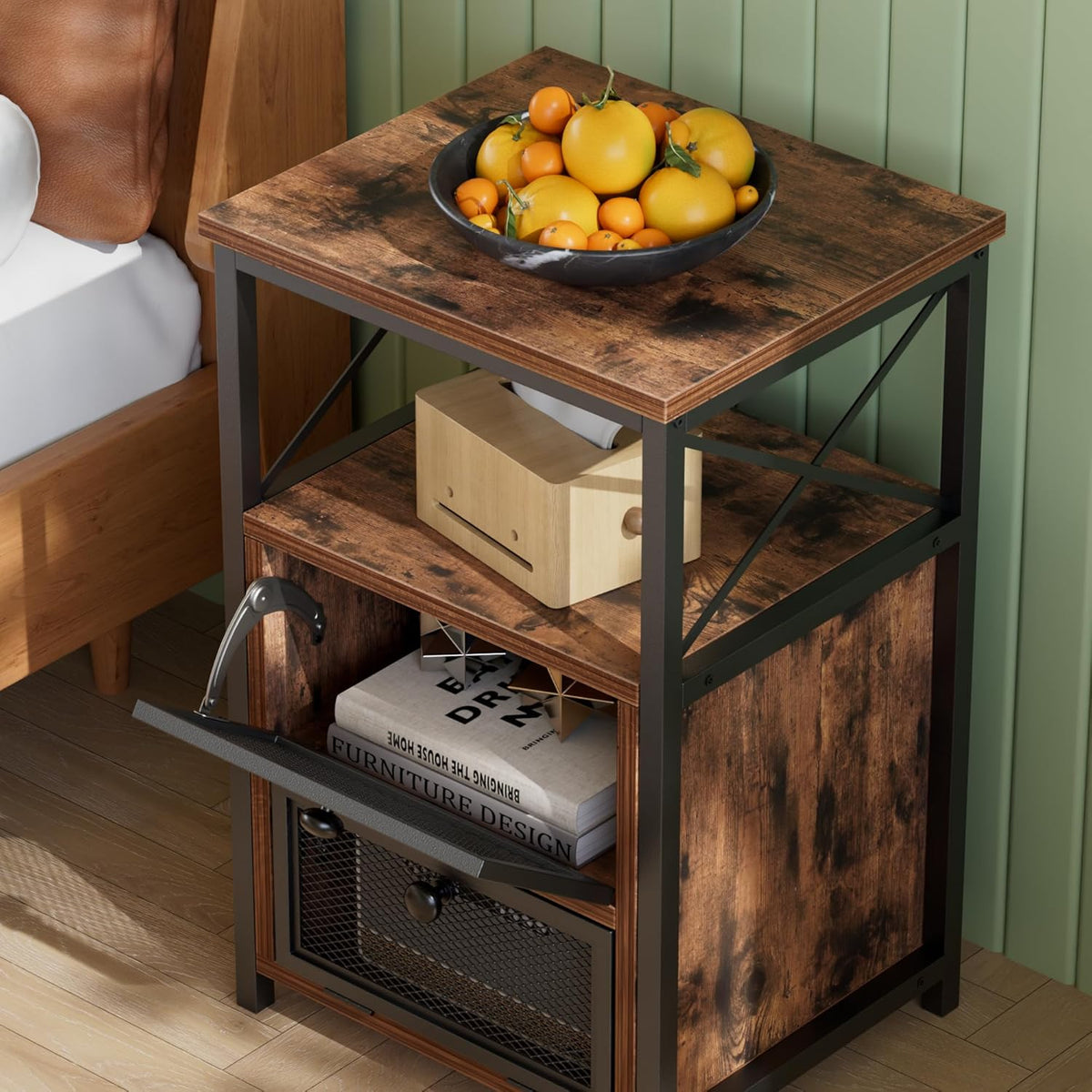VECELO End Side Table, Modern Night Stand with Storage Space and Door, Set of 2 Nightstands for Living Room,Bedroom,Lounge,Antique Brown