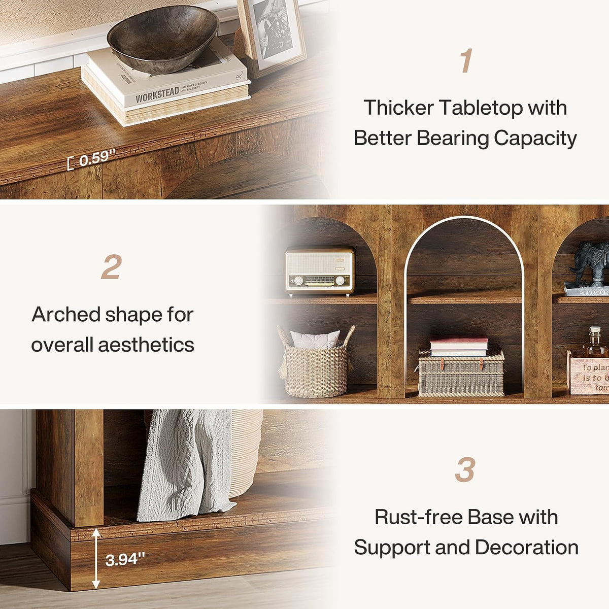 Tribesigns Arched Console Table, 63" Wooden Entryway Table with Storage | Farmhouse Long 3-Tier Sofa Table Behind The Couch for Entrance, Hallway, Living Room, Foyer, Brown