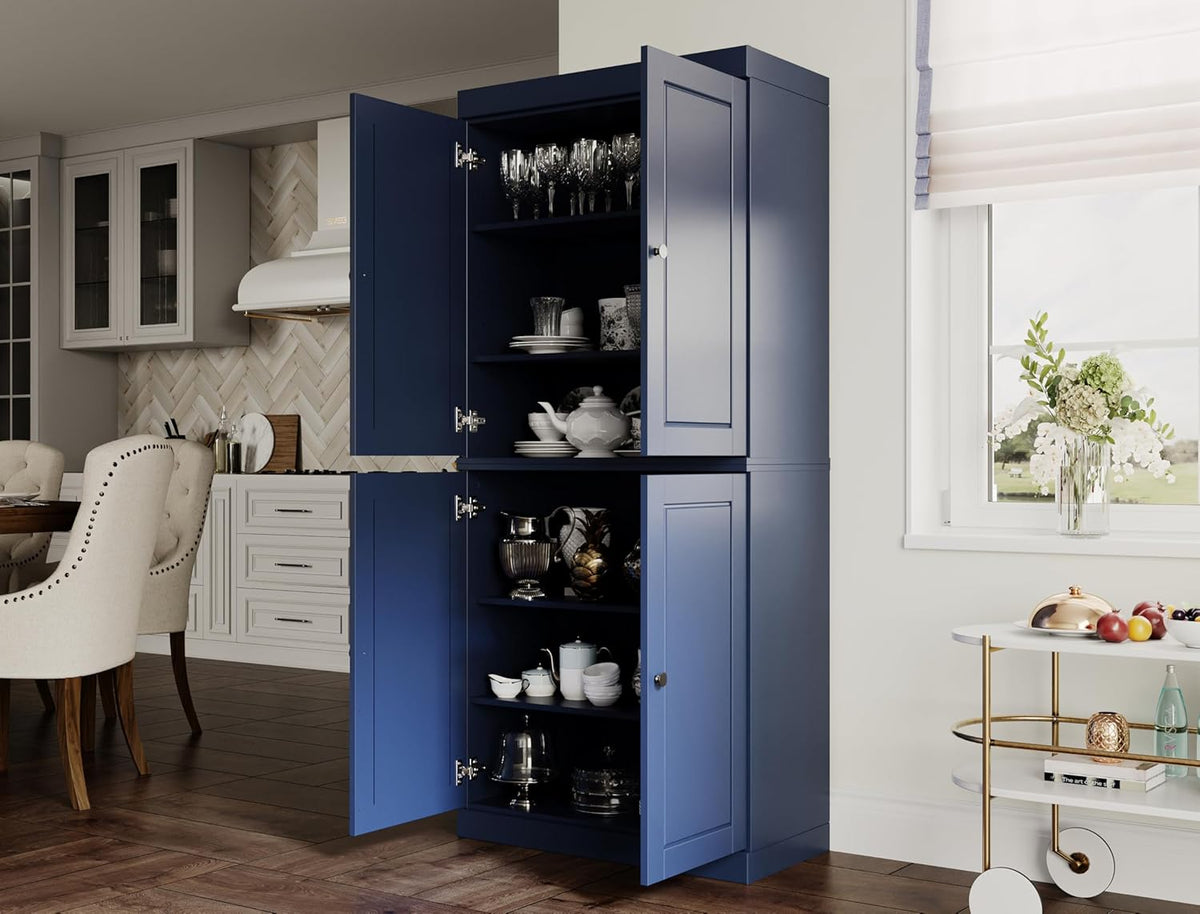 Palace Imports Solid Wood Kitchen Pantry Cabinet - 71.5" Tall x 32" Wide - Wooden Storage Cabinet with 4 Doors & Adjustable Shelves, Navy Blue, 100% Renewable Eco-Friendly Wood, Made in Brazil