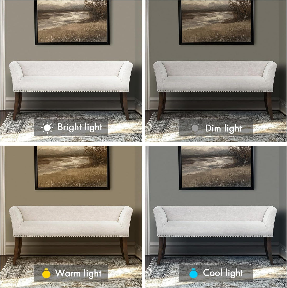 Madison Park Accent Bench for Living Room, Upholstered with Nailhead Trim, & Padded Seat Entryway Bench Small, End of Bed Bench with Back, 49.5" W x 19.25" D x 23" H, White Cream