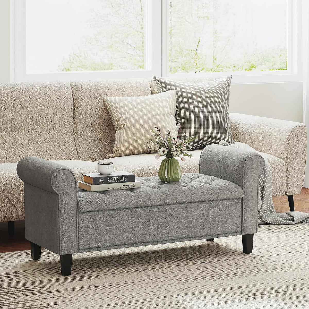 HOMCOM 50" Storage Ottoman Bench Button Tufted End of Bed Bench Gray | Upholstered, Rolled Arms, Wood Legs, Safety Hinges, for Living Room, Entryway, Bedroom