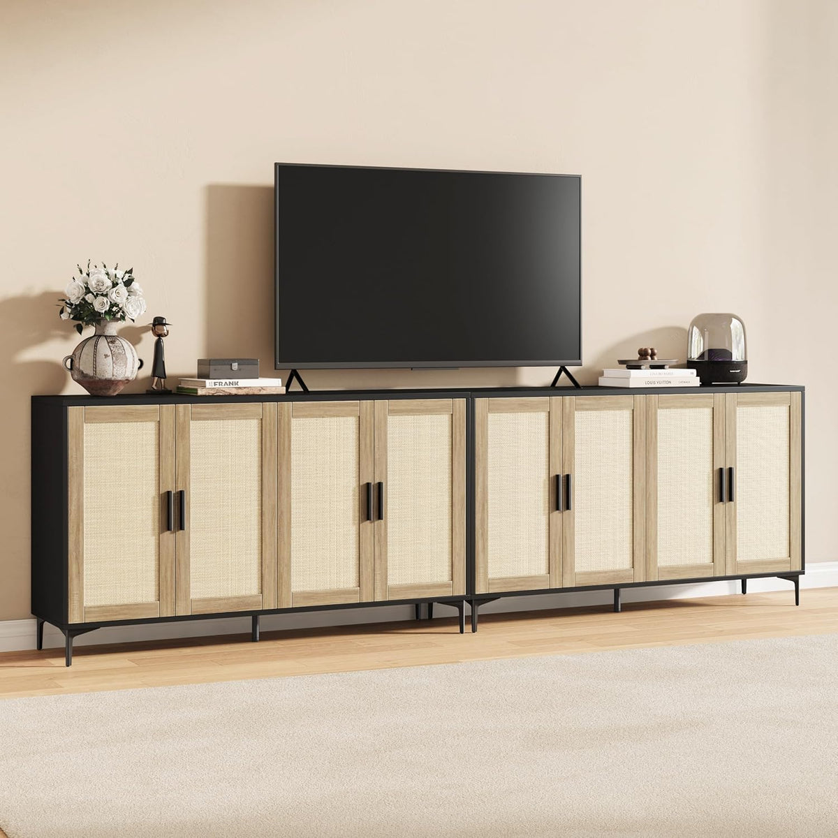 JASIWAY Buffet Cabinet with Storage, 48" Rattan Sideboard with Adjustable Shelves, Modern Coffee Bar Cabinet Console Table with Doors, Credenza for Kitchen, Living Room, Entryway, Dining Room, Black
