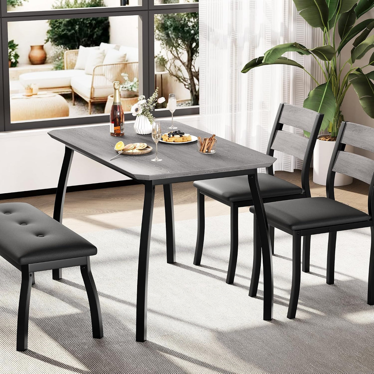 Kitchen Table Set for 4, 4-Piece Dining Table with 2 Chairs and PU Upholstered Bench - Cutting Corner Tabletop Design, Space-Saving Kitchen Furniture for Studio, Restaurant, Gray