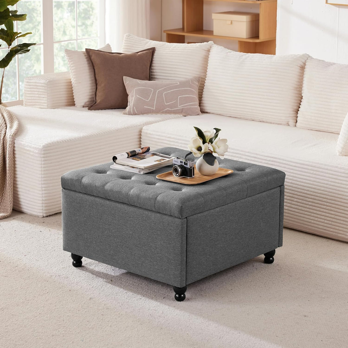28" Large Square Ottoman with Storage, Fabric Ottoman Coffee Table, Grey | Living Room Coffee Table, Footrest or Extra Seat, Bedroom and Entryway Use, Solid Wood Frame, Safety Hinges, 300 lb Capacity