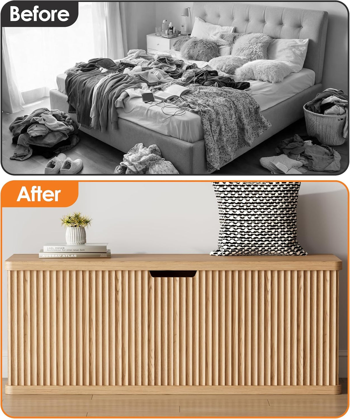 Akxomel 45.3" Fluted Storage Chest Wooden Storage Trunk 2 Safety Hinges Oak | Storage Chest with 2 Safety Hinges & Lift Top, Wooden Box Bench with Curved Profile, for Living Room, Entryway, Bedroom