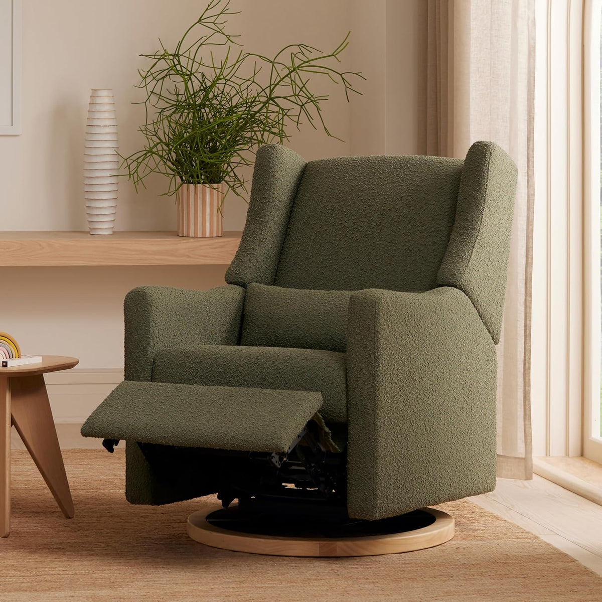 Kiwi Glider Recliner w/Electronic Control and USB | in Olive Boucle w/Light Wood Base, Greenguard Gold Certified
