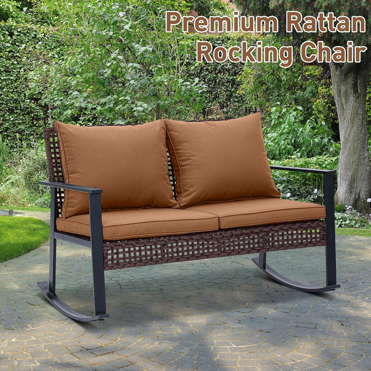Ainfox Outdoor Wicker Loveseat Rocking Chair, Patio Rattan Rocker Chair with Cushions,All-Weather Modern Cozy Rocking Wicker Furniture for Garden Balcony Porch, Brown