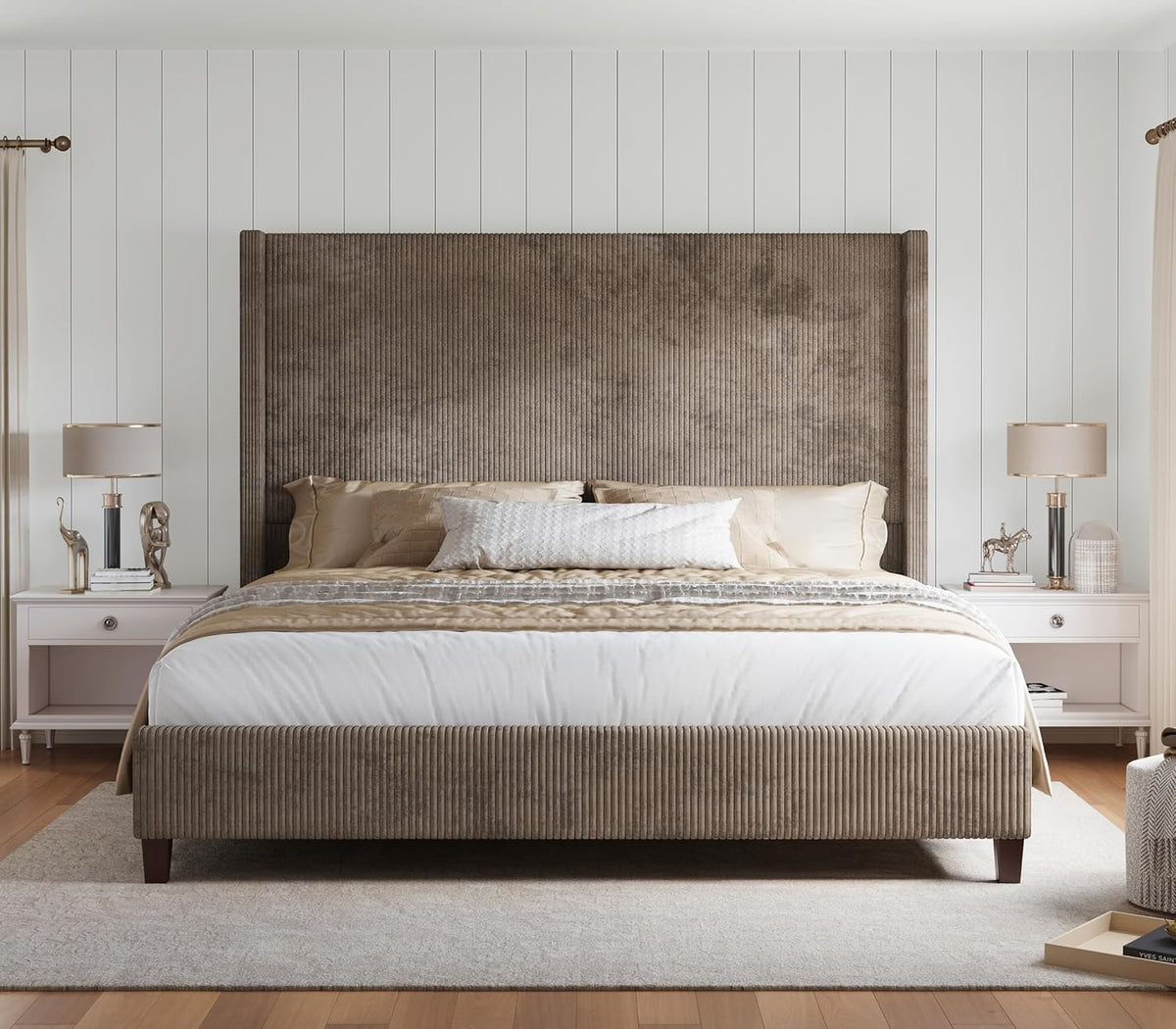 HOWE Upholstered Queen Bed Frame with 61" Tall Wingback Headboard, Chestnut
