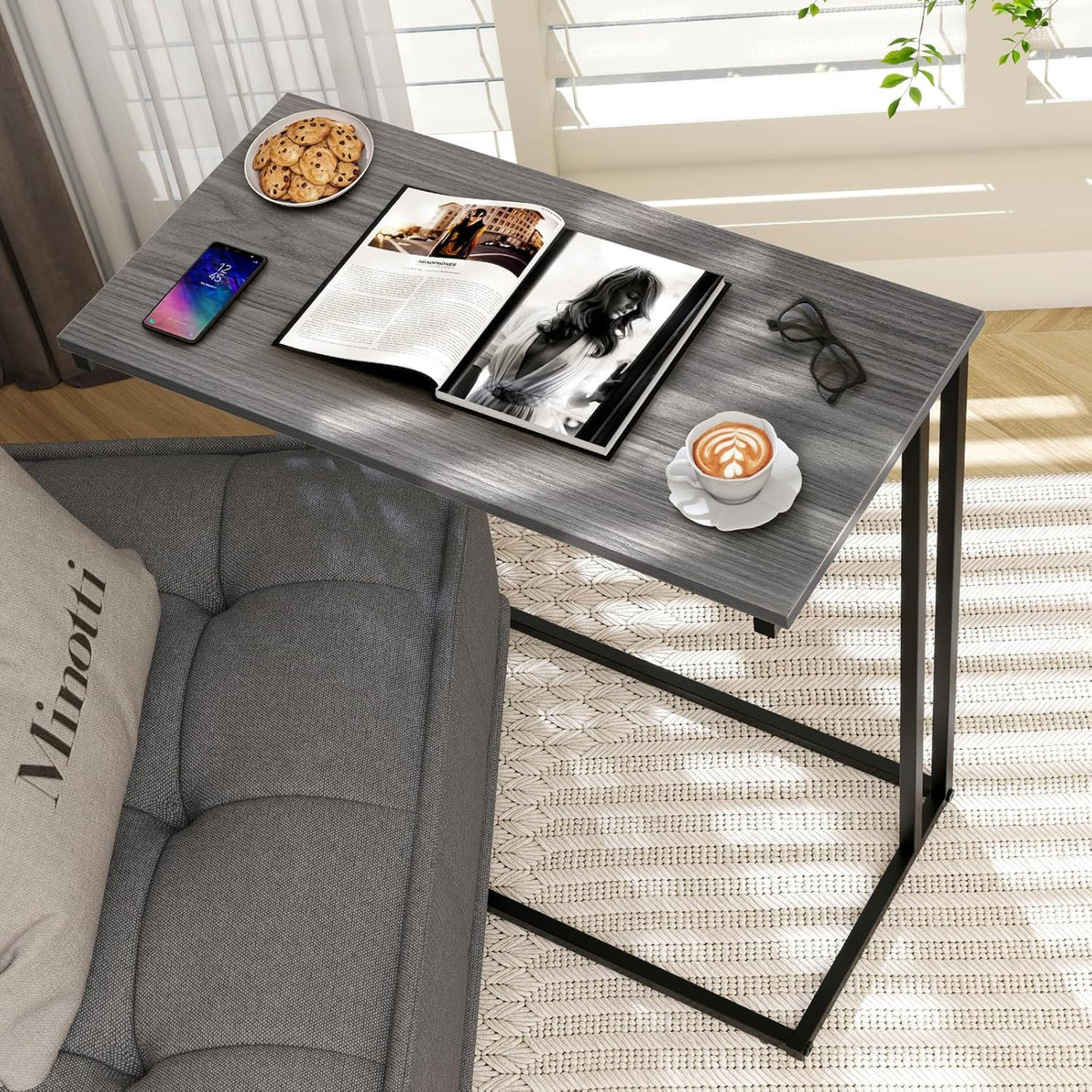 C-Shaped Side Table, Modern End Table with Metal Frame, Space Saving Design for Living Room,Large Surface Couch Table for Bedroom, and Home Office,24 x 12 x 24 inches (Grey)