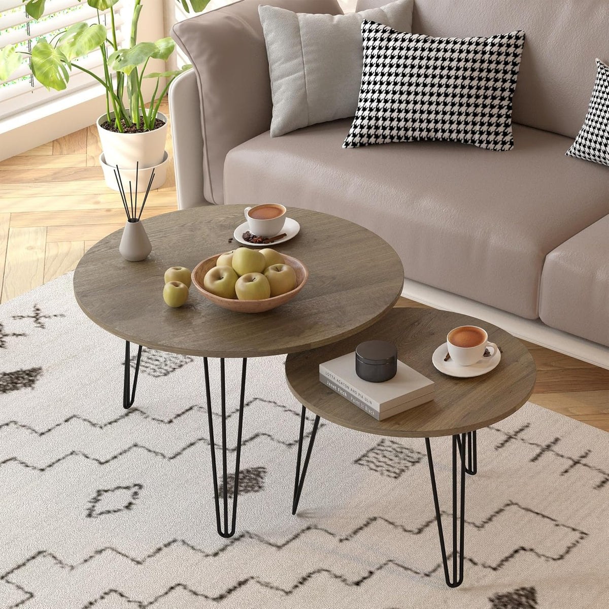 Small Round Nesting Coffee Table Set of 2 for Living Room, 27.56 inch Wood Modern Stacking Circle Coffee Table Side Table End Table with Metal Frame for Bedroom(Brown