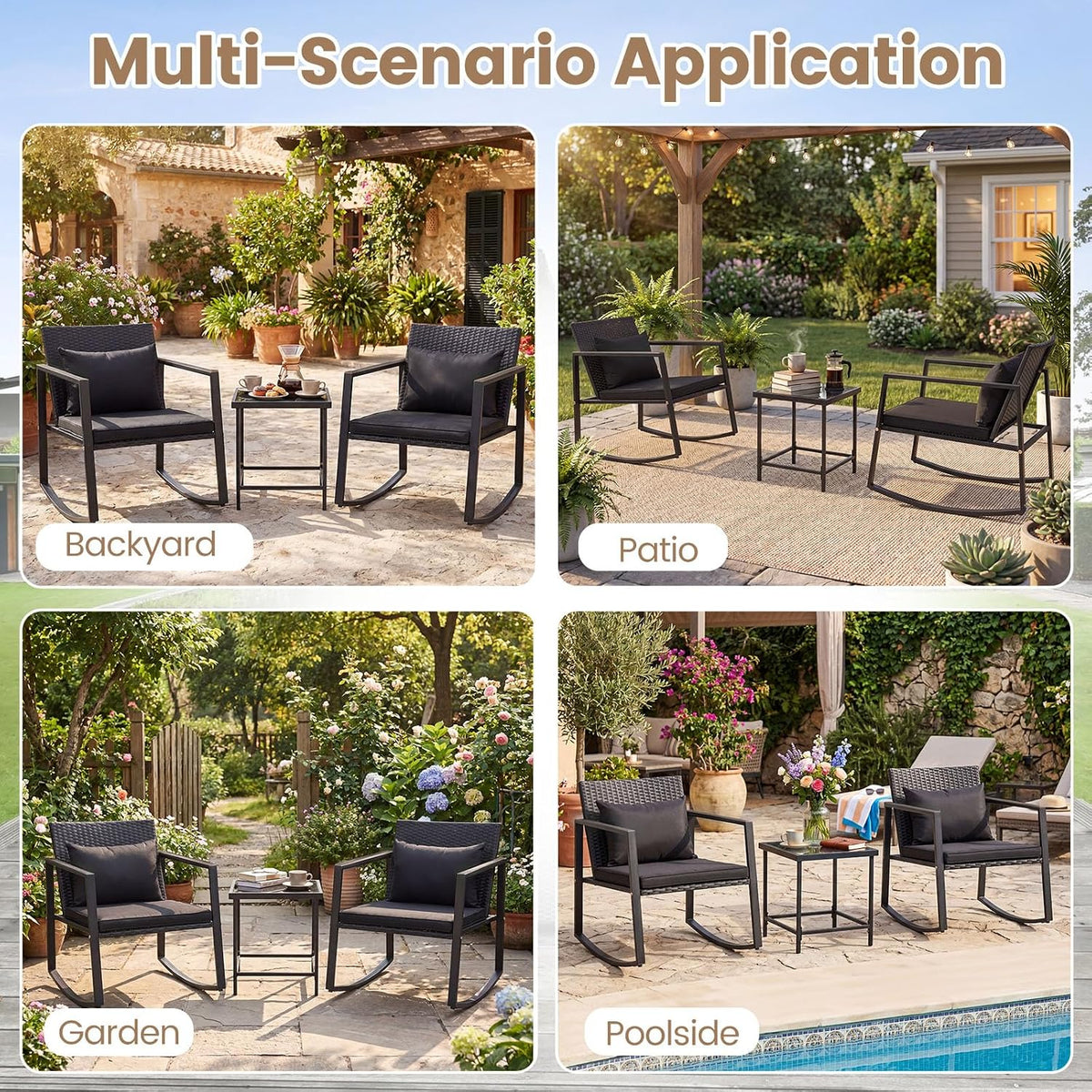 Tangkula 3 Pieces Outdoor Rocking Chairs Set, Rattan Heavy Duty Cushioned Rocker Chairs with Cushions, Pillows, Tempered Glass Table, Metal Frame for Garden, Balcony, Backyard (Black)