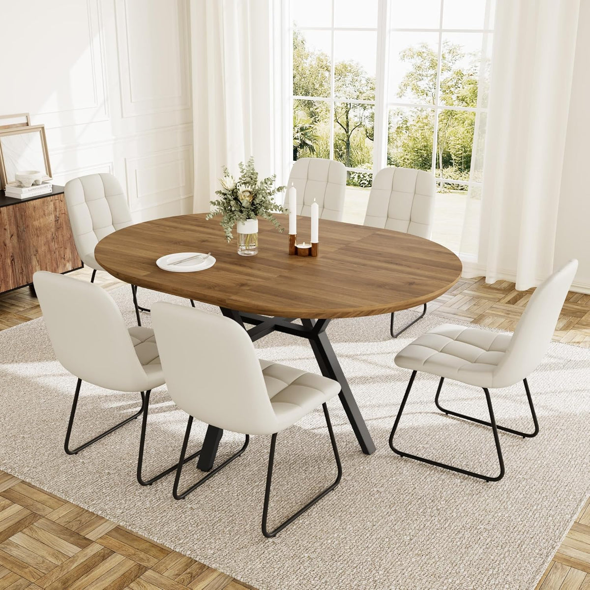 HIPIHOM Extendable Round Dining Table Set for 6 People, 43.3"-59.1" Extendable Kitchen Table with 6 Upholstered Chairs, Space Saving for Kitchen Dining Room (Walnut Table+6 U-Shaped White Chairs)
