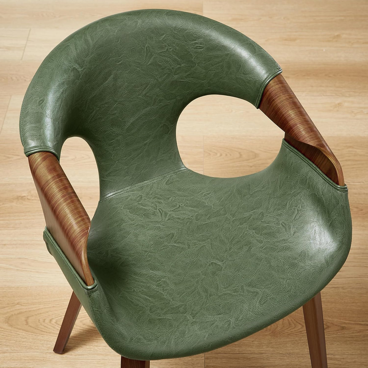 Zouron Mid Century Modern Dining Chair, Faux Leather Armchair with Wooden Legs, Padded Upholstery Accent Desk Chair No Wheels for Living Room Kitchen, Green