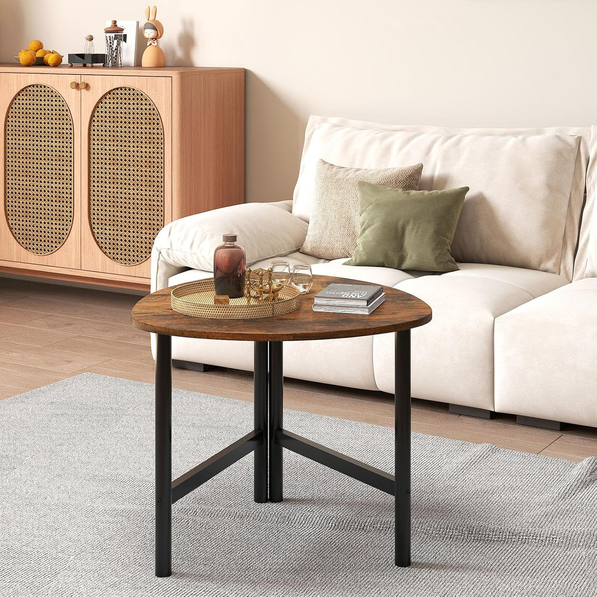Giantex Triangle End Table, Wood Side Table with Metal Legs, Sofa Couch Accent Tables, Small Coffee Table for Small Space Living Room, Nightstand for Bedroom, Rustic Brown & Black