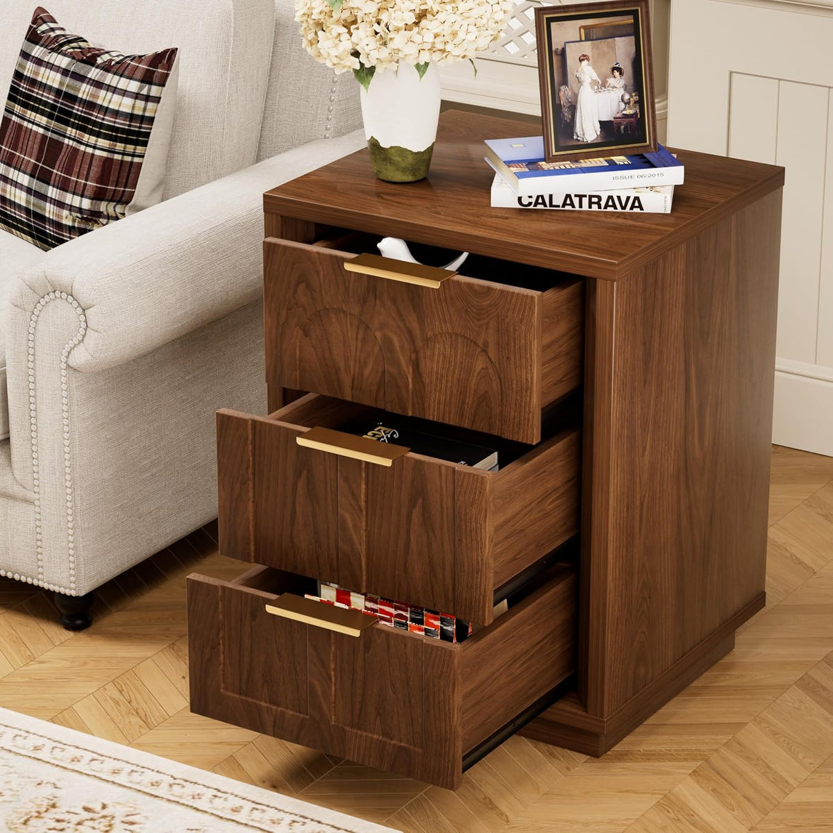 Nightstands Set of 2, Mid Century Modern 3 Drawer Bedside Tables with Arched Fronts and Gold Handles, Walnut End Tables for Bedroom, Living Room, Small Spaces,Walnut