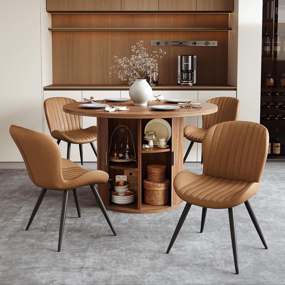Miereirl Modern 5-Piece Dining Set for 4,47.24" Round Wooden Table with Semi-Open Storage Rack & Siding Door, Paired wth High-End Fabric Chairs -Warm Home Dining Room Combination
