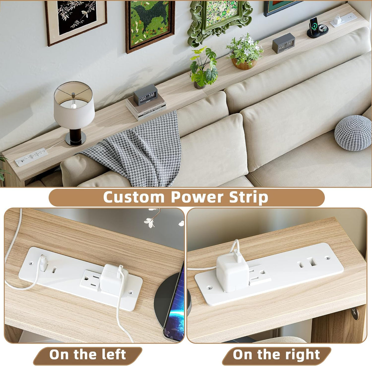 TIQLAB 9.1 Inch Narrow Console Table with Power Outlet,Sofa Table Set of 2,Total Length 94'' Sofa Table Behind Couch,for Entryway&Living Room, Light Walnut