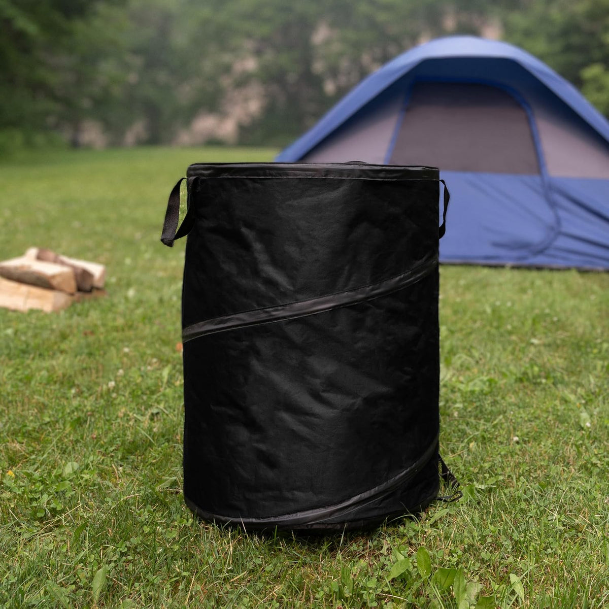 Wakeman Collapsible Trash Can - 46-Gallon Garbage Can Outdoor Bin with 3 Stakes for RV, Camping, Storage, Recycling, or Yard Waste Outdoors (Black)