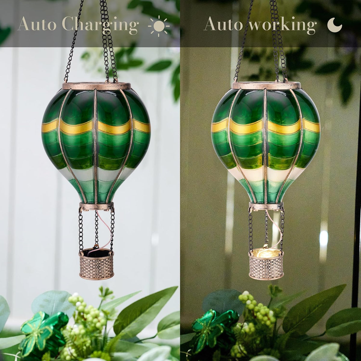 TERESA'S COLLECTIONS Hot Air Balloon Solar Lantern for Outdoor Garden Decor, Hanging Flickering Flame Outdoor Lights for Trees, Green St Patrick's Day Decorations for Party Father's Gift