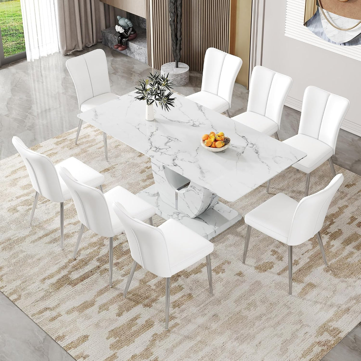 White Faux Marble Dining Table for 6/7/8|Modern Luxury Dining Room Table|71" Large Rectangular Kitchen Table with 0.4" Thick Tempered Glass Top for Family Gatherings