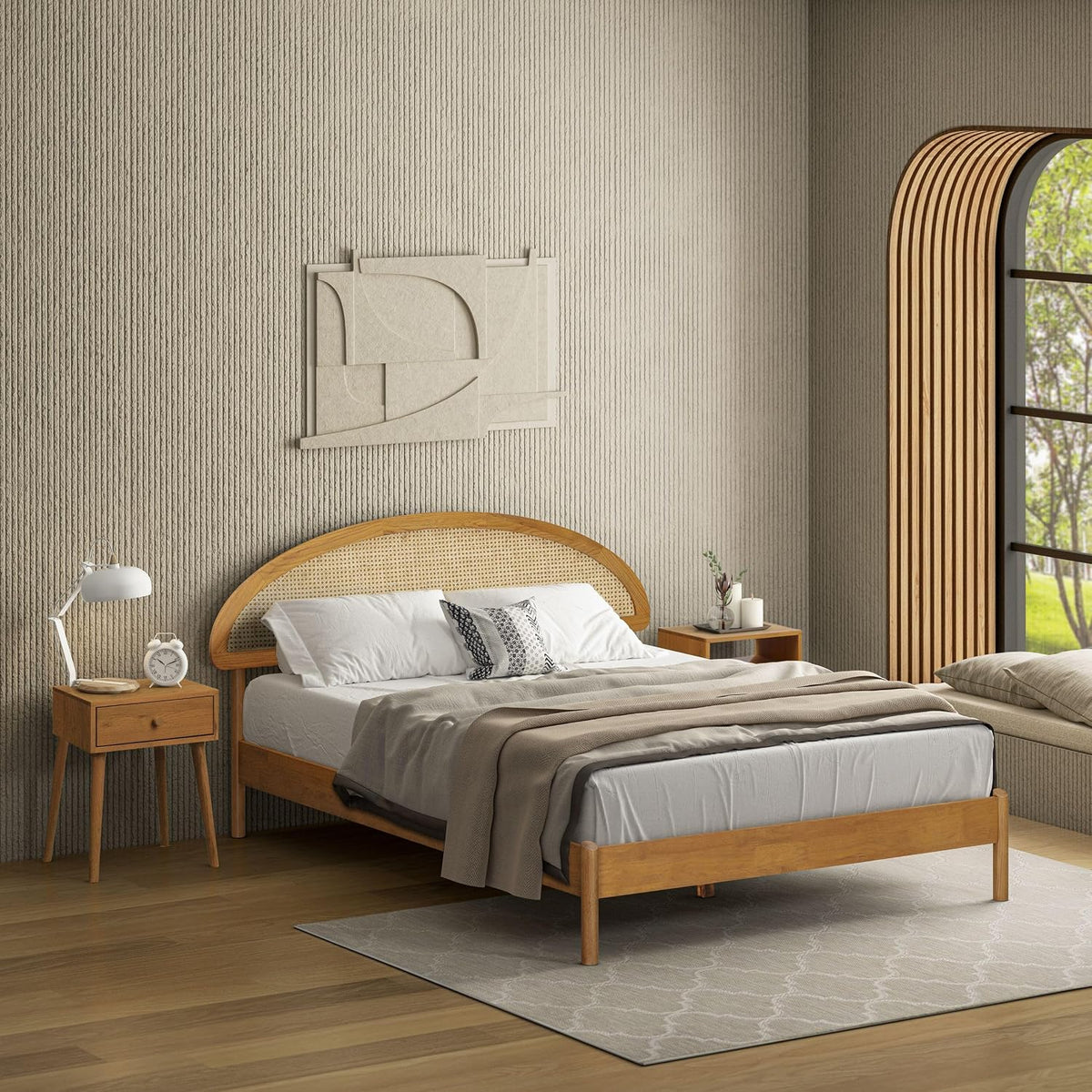 NTC Gem Wooden Bed Frame with Headboard and Natural Rattan, Solid Oak/Rubber Wood Foundation with Silent Slats, 1000 Lb Capacity, Effortless Assembly (Natural Cane - Rustic Oak, Queen)