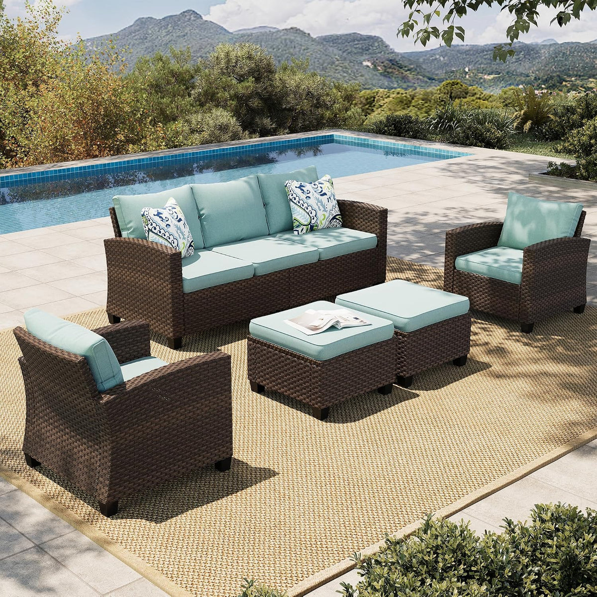HERA'S HOUSE Outdoor Wicker Ottoman Set of 2, Patio Footstool Footrest Seat with 4" Cushions, 2 Pieces Brown Rattan Garden Stool, Blue