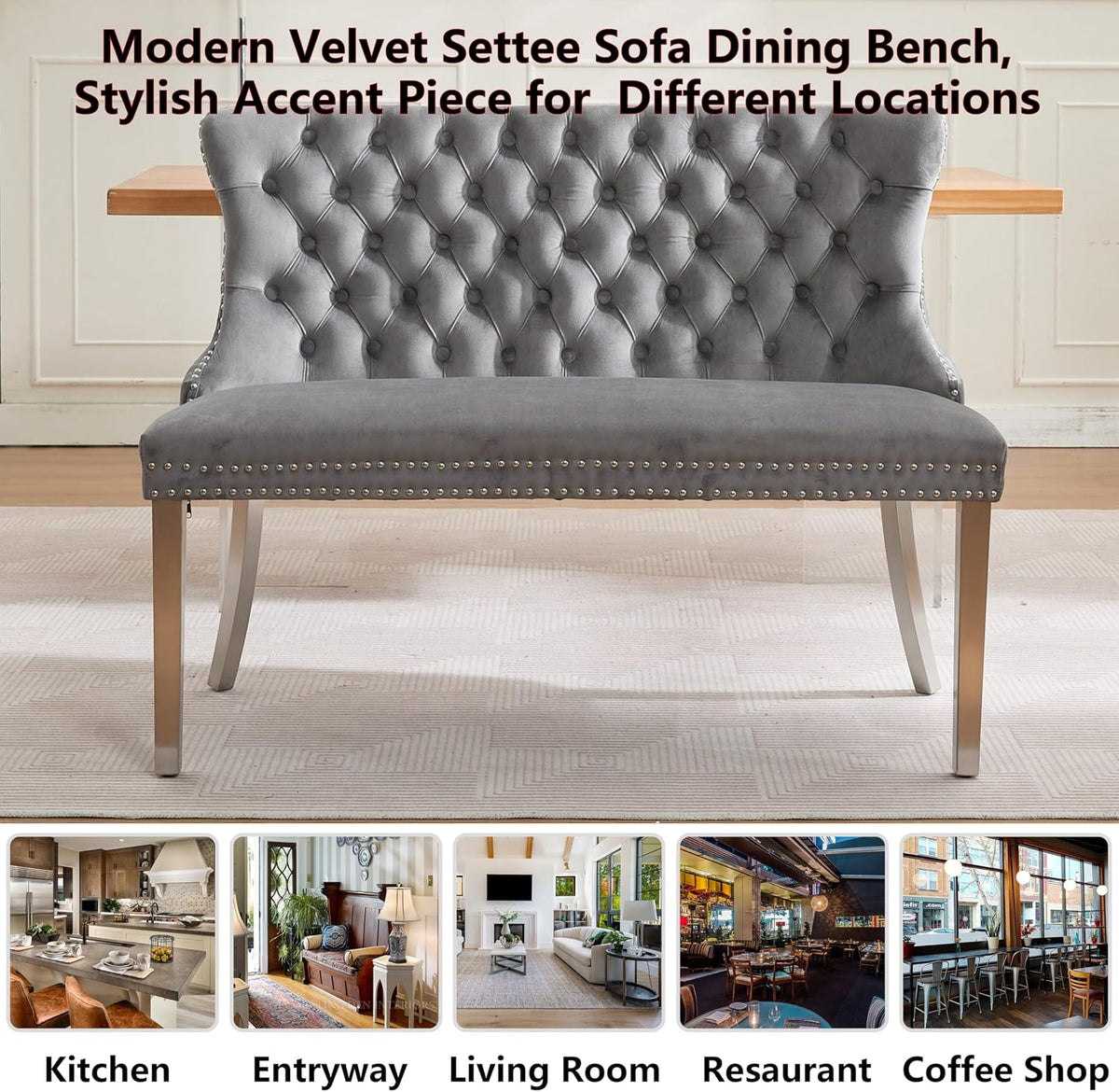 Upholstered Dining Bench with Back Tufted Settee Benches Small Loveseat Sofa Couch for Small Spaces,Entryway,Banquettee Seating Sofa Benches with Backrest (Grey+Silver Legs, Dining Bench)