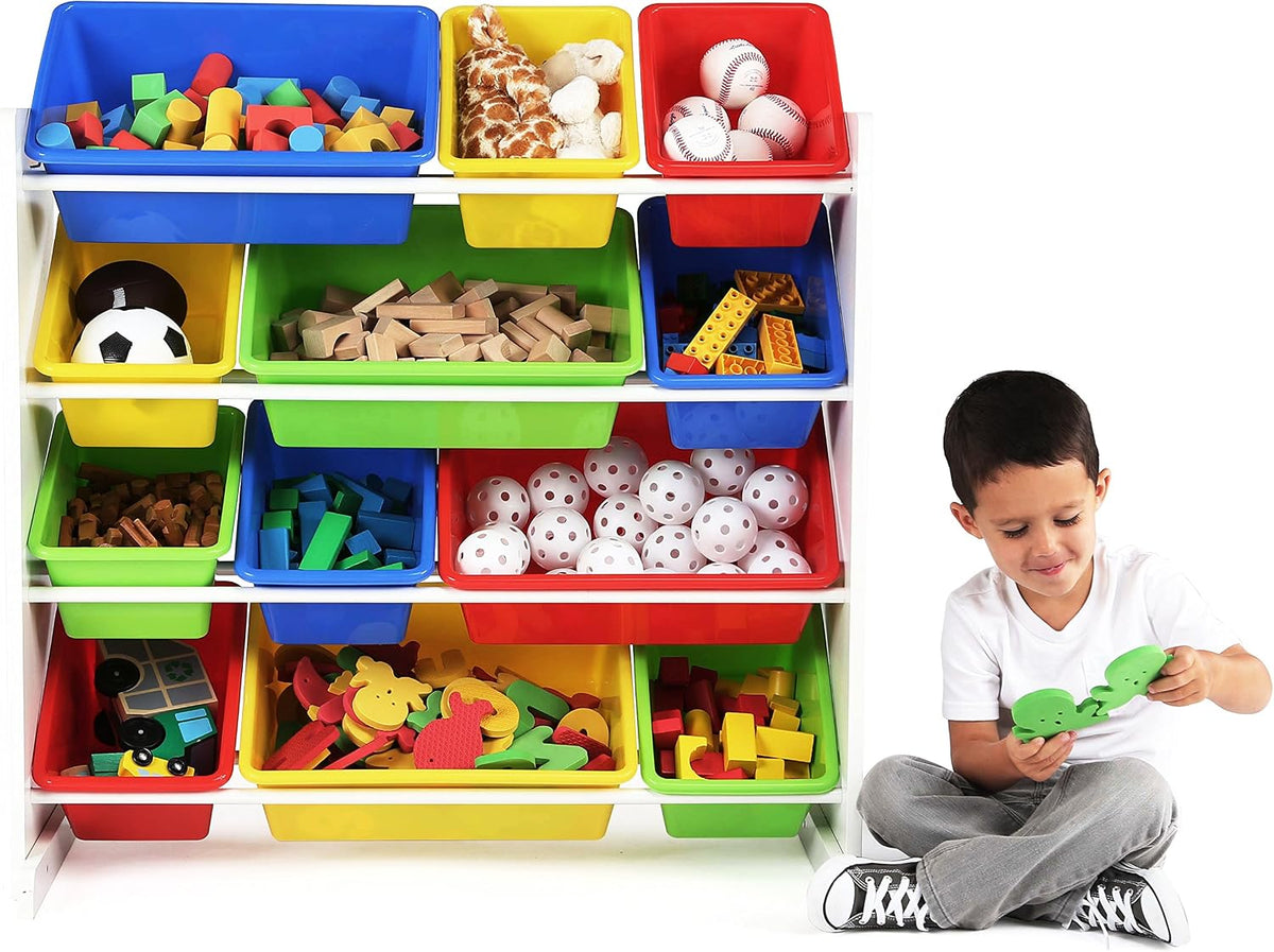 Humble Crew Kids Plastic 4 Set, Blue Table/Primary Chairs & White/Primary Kids' Toy Storage Organizer with 12 Plastic Bins