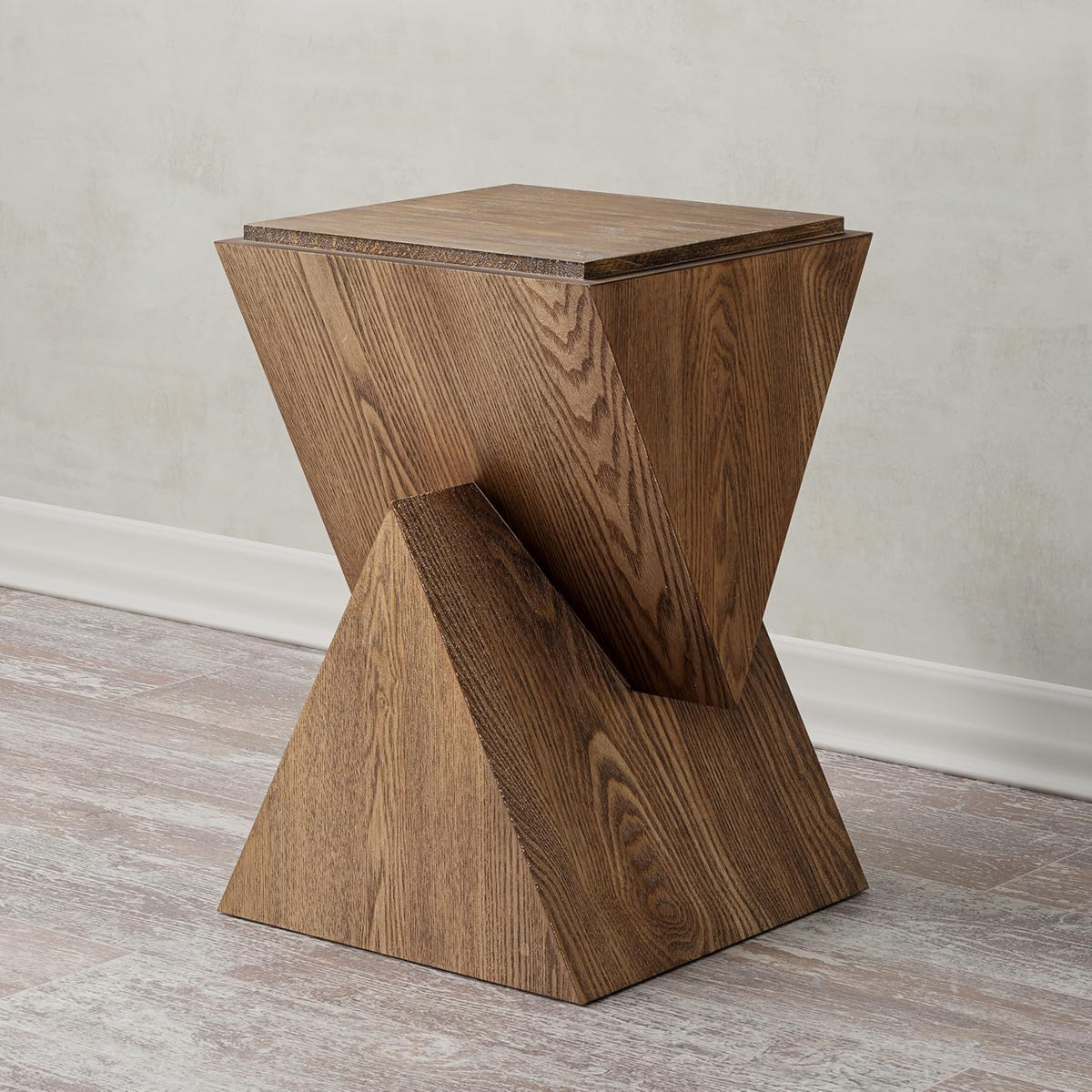 COZAYH Modern Geometric Wood Grain End Table, Fully Assembled, Brown | Farmhouse Structural Design Side Table with Sculptural Pedestal Base for Living Room, Bedroom, Office