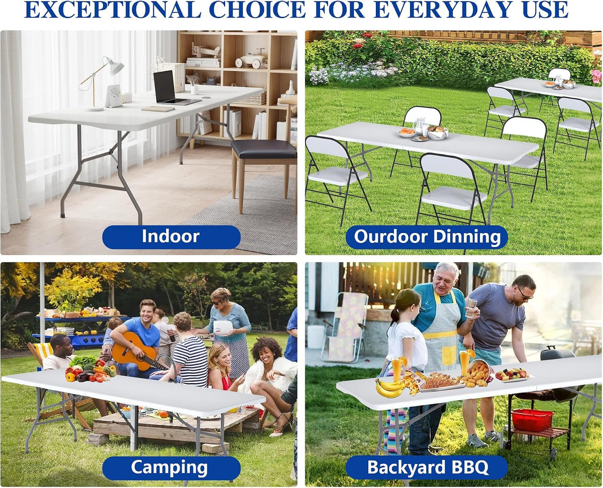 8FT Folding Tables – Heavy Duty Portable Foldable Picnic Table with Built-in Handle, 450 lb Capacity – Ideal for Events, Parties, Crafts, Camping & Dining (10-Pack, White)