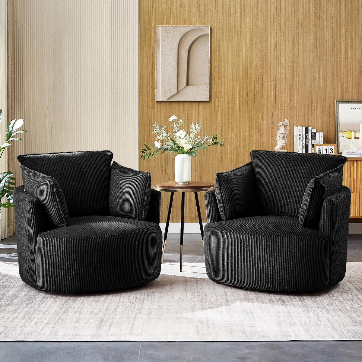 Swivel Accent Chair Round Barrel Armchair Upholstered Living Room Chair Corduroy Reading Chair Single Sofa Chair for Bedroom Apartment Office (Black, Standard 1Seater)