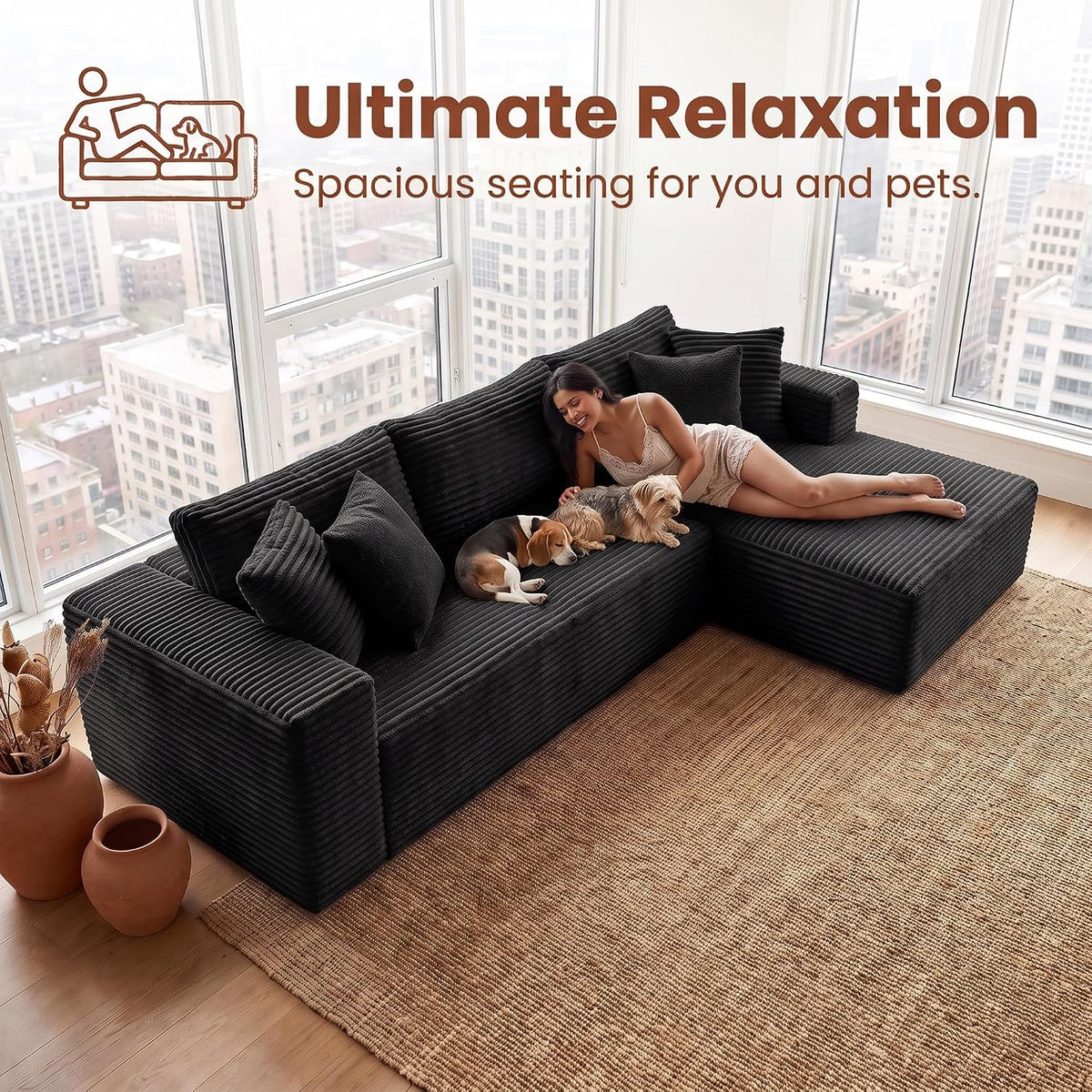 Couch Modular Sectional Sofa Cloud Couch | Oversized Deep-Seat Wide-Wale Corduroy L-Shaped Sectional Couch for Living Room, Apartment and Family Room